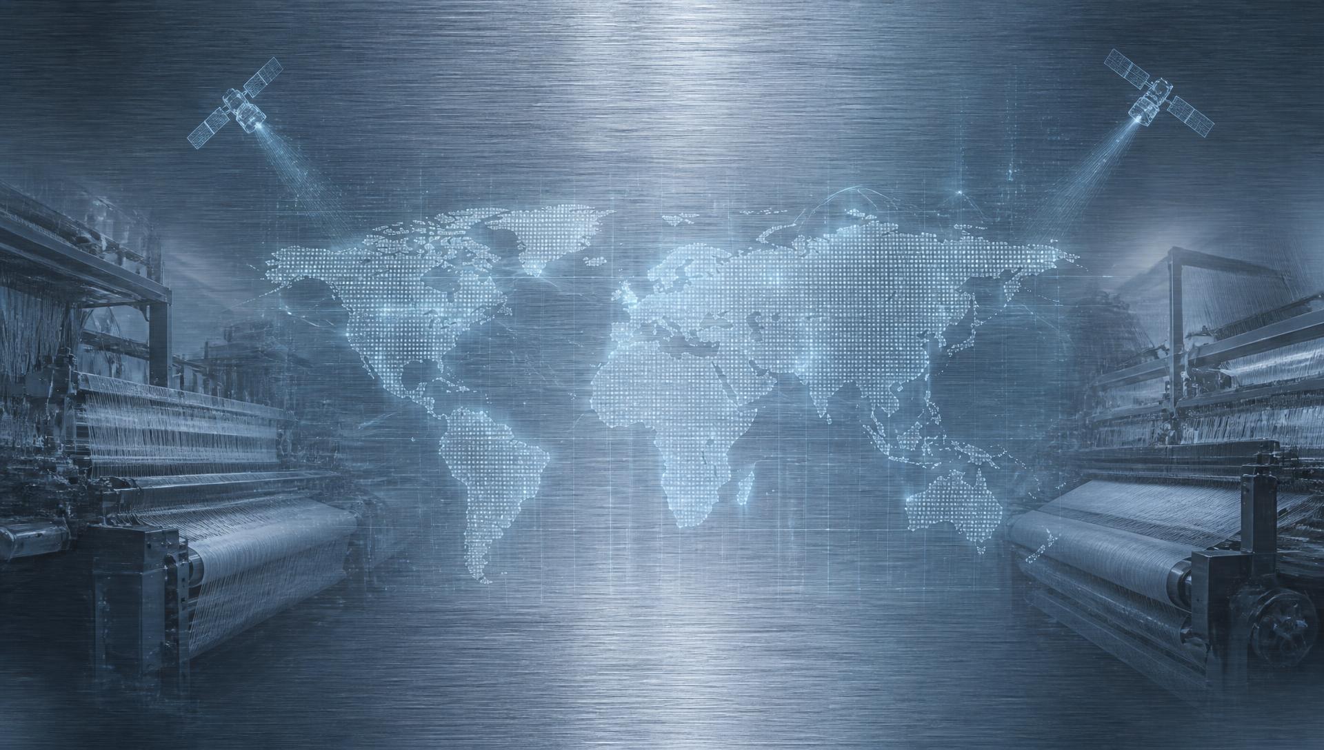Textura de metal escovado industrial com mapa múndi holográfico e teares têxteis